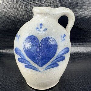 1994 Rowe Pottery Works Salt Glazed Gray Blue Heart Jug Carafe Container Marked